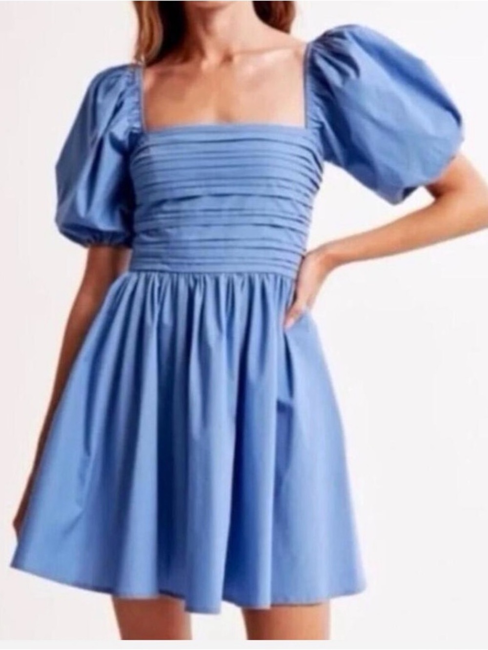 Abercrombie & Fitch Light Blue Square-Neck Puff-Sleeve Mini Dress